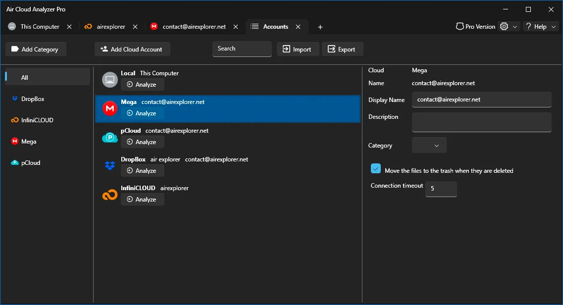 Accounts available for storage analysis