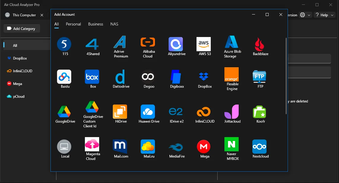 Cloud providers available in the Add Account window