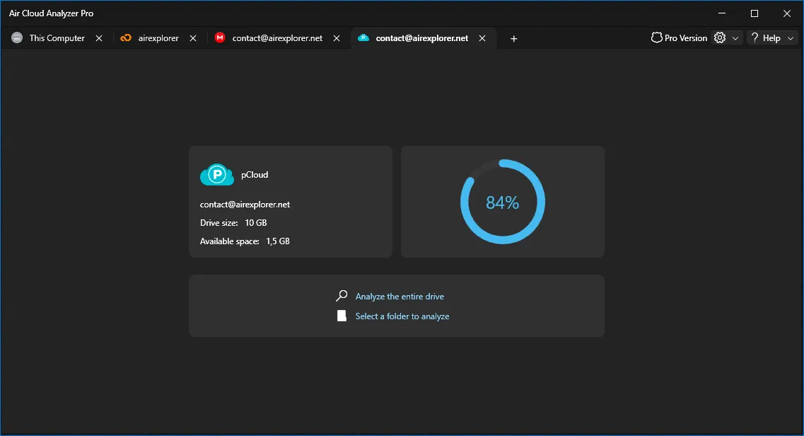 Options to analyze an entire cloud drive or a selected folder