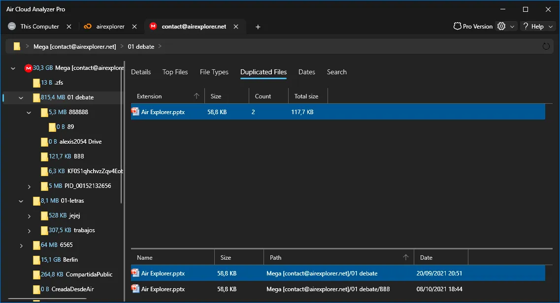 Duplicated Files analysis showing groups and the location of each copy