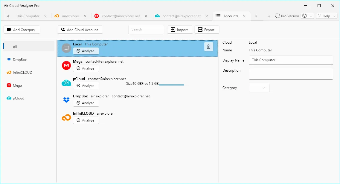 Connected cloud and local accounts ready for analysis