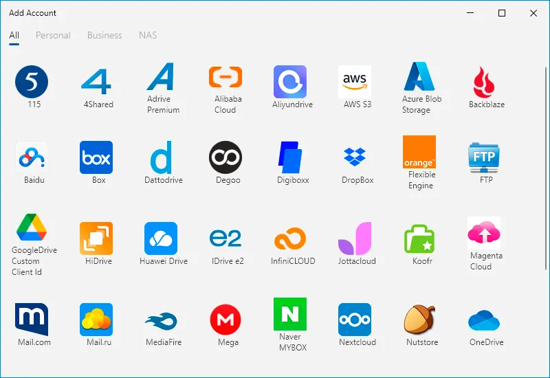 Cloud services available when adding an account