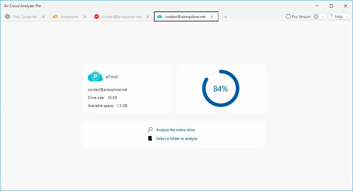 Options to analyze an entire cloud drive or a selected folder