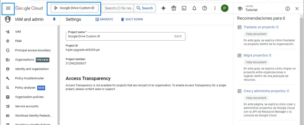 Open the Google Cloud project menu