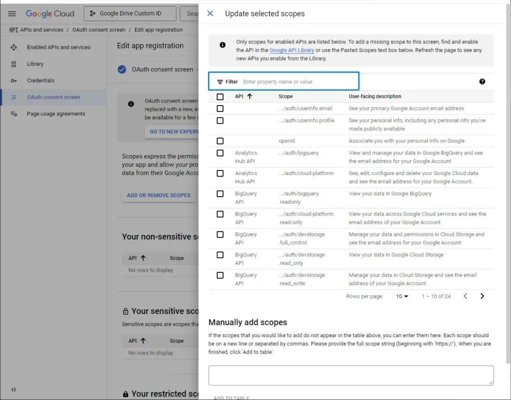 Select the Google Drive scope