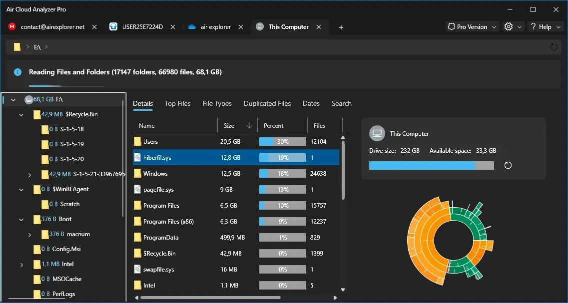 Details analysis of a local drive, including folder sizes, percentages, file counts, and a visual storage map