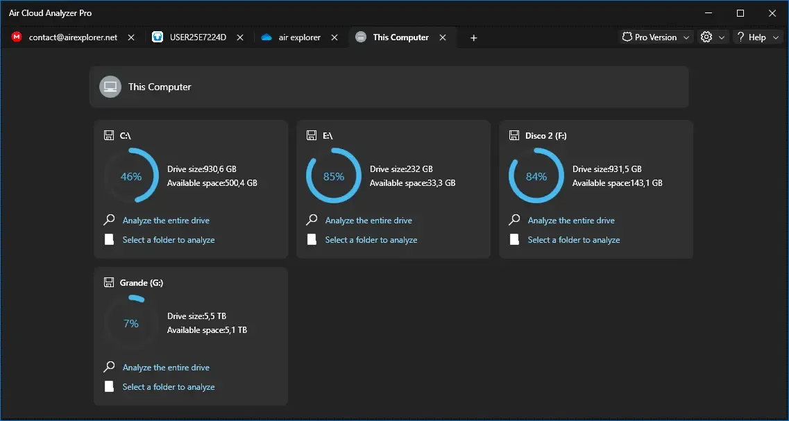 Local drives and the options to analyze a whole drive or a selected folder