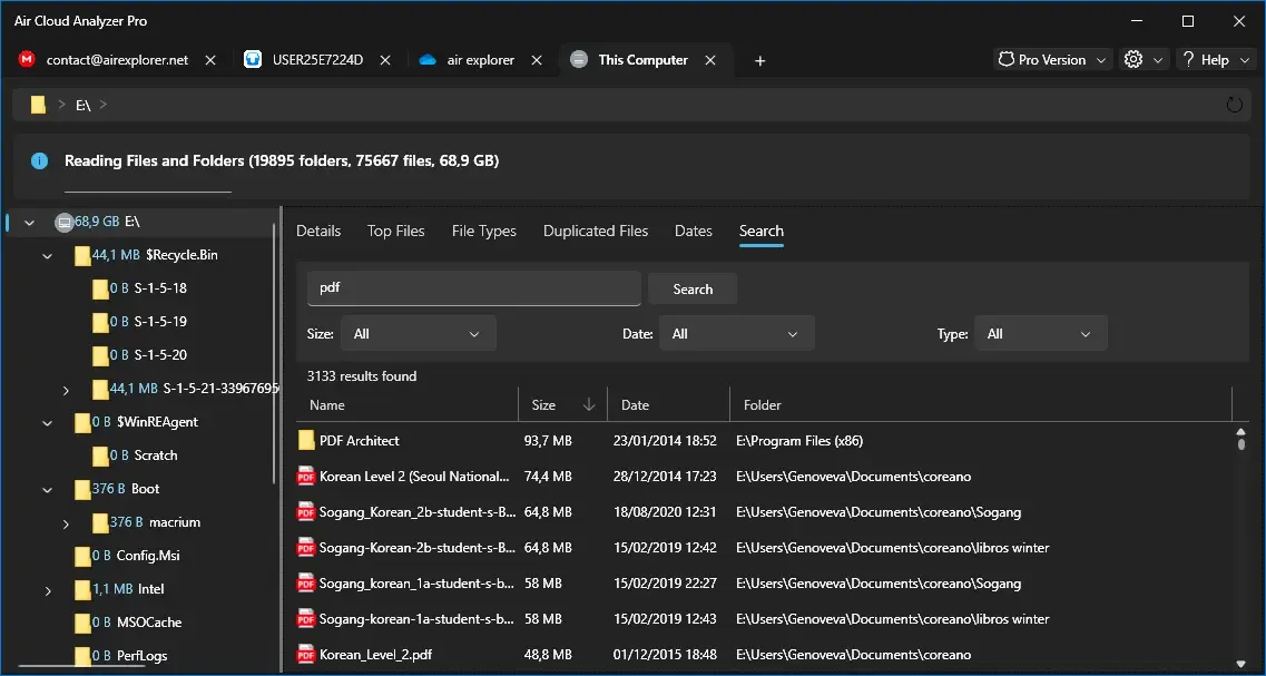 Search analysis for local files, with text search and size, date, and type filters