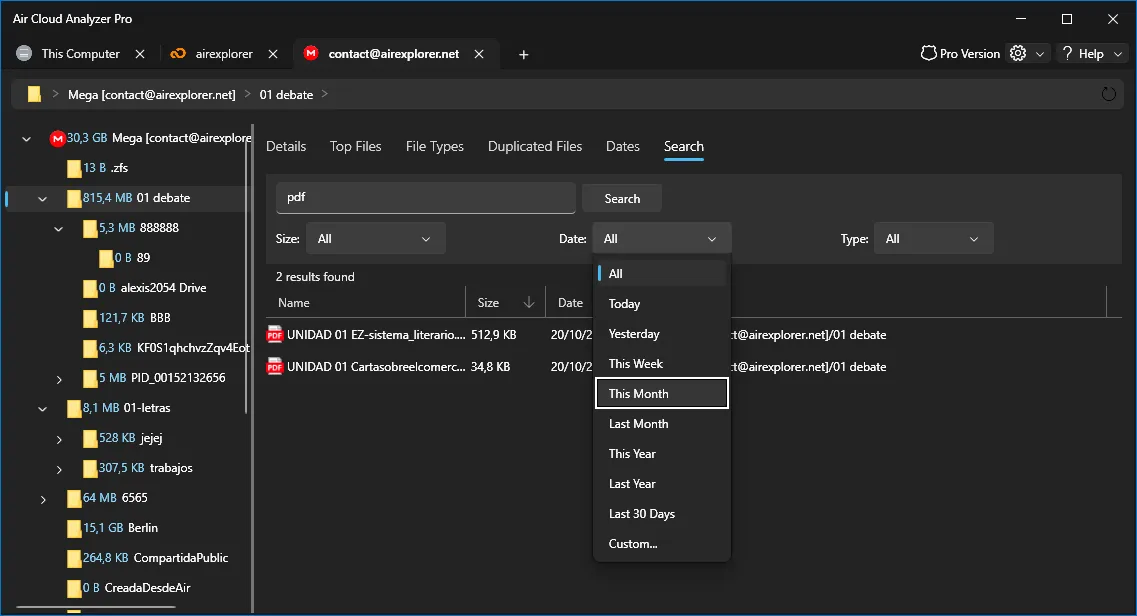 Date options available in the Search analysis