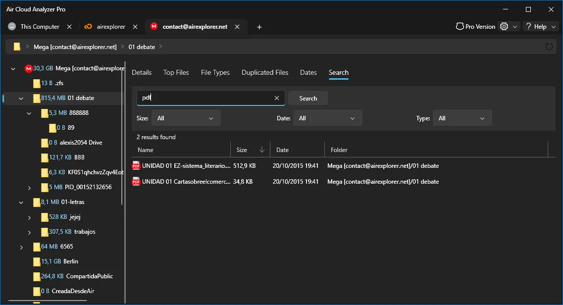 A focused Search result list in the dark interface