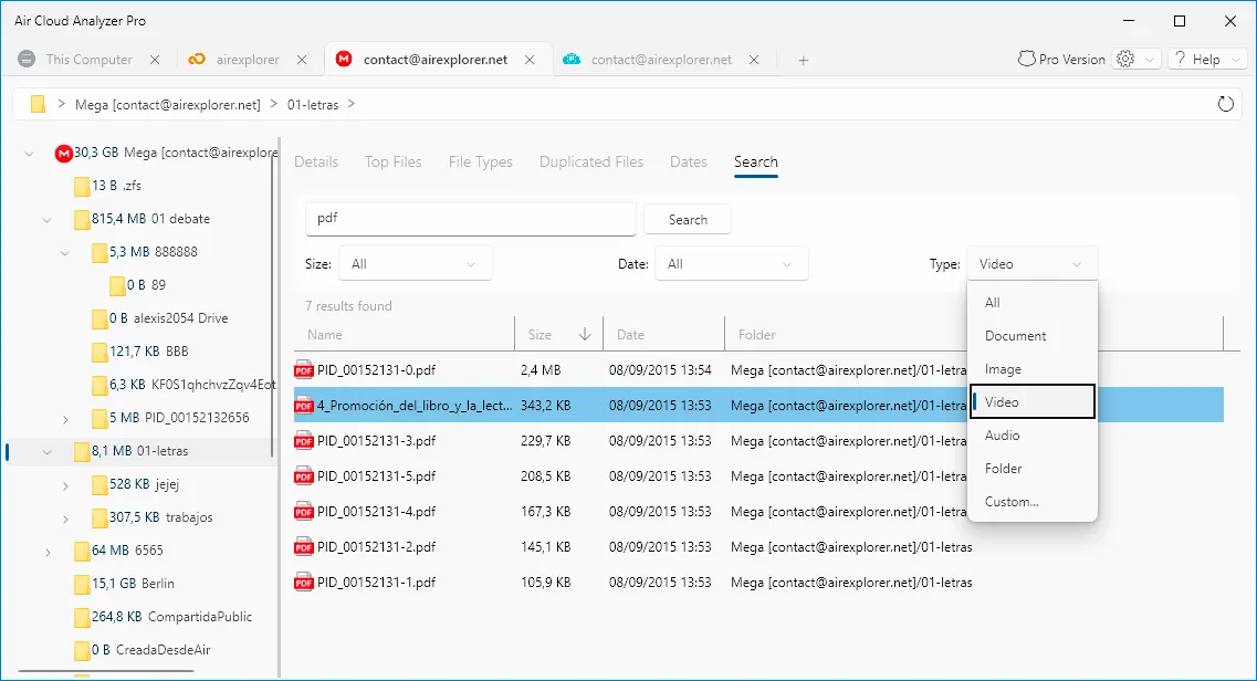 File type filters for documents, images, videos, audio, and folders