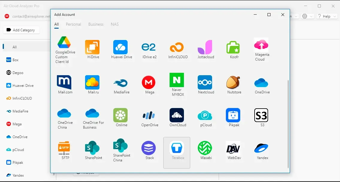 Selecting TeraBox in the Add Account window