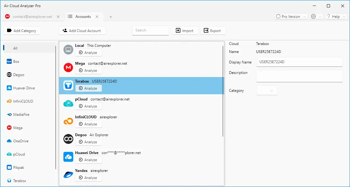 A connected TeraBox account in Air Cloud Analyzer
