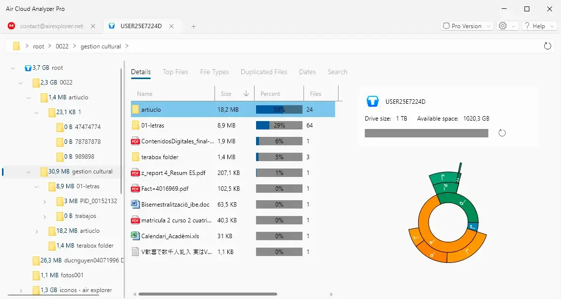 TeraBox folder sizes and Sunburst chart in the Details analysis