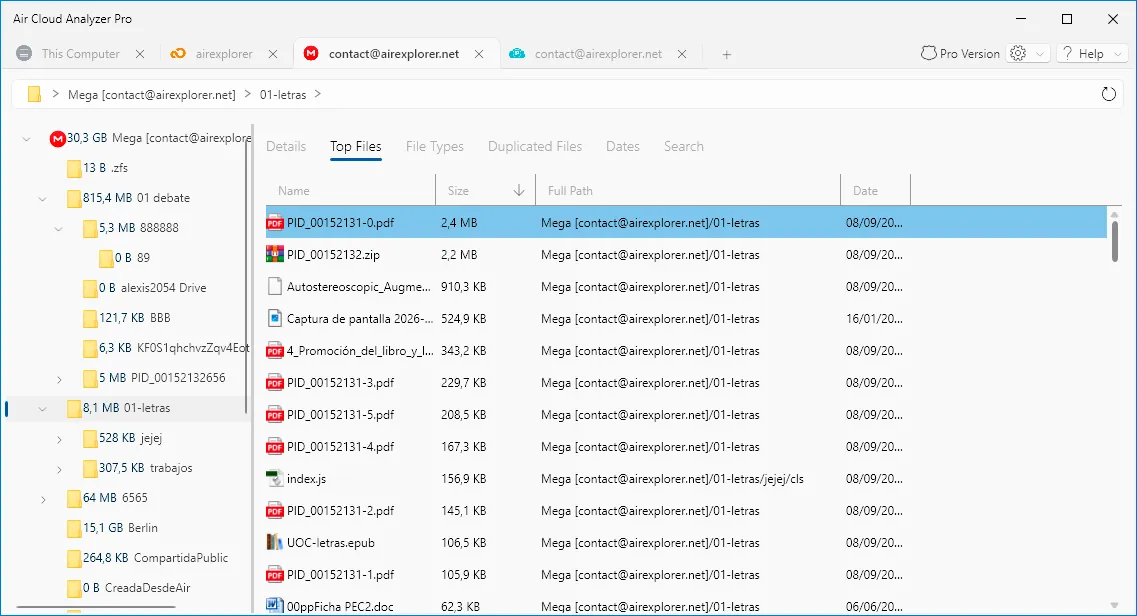 Top Files analysis showing the largest files in a cloud folder
